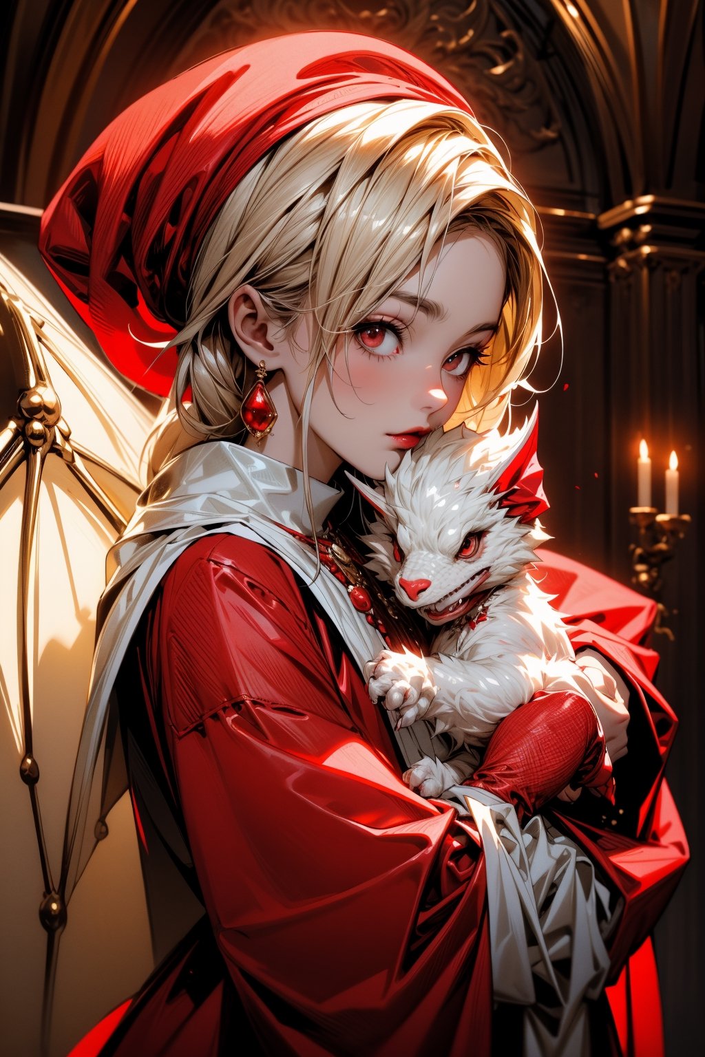 a dark gothic, White dragon baby wearing a red Christmas hat, in a golden Christmas cup. surrounding by dark gothic room, soft cinematic lighting, highly detailed, 8k,hhmge,