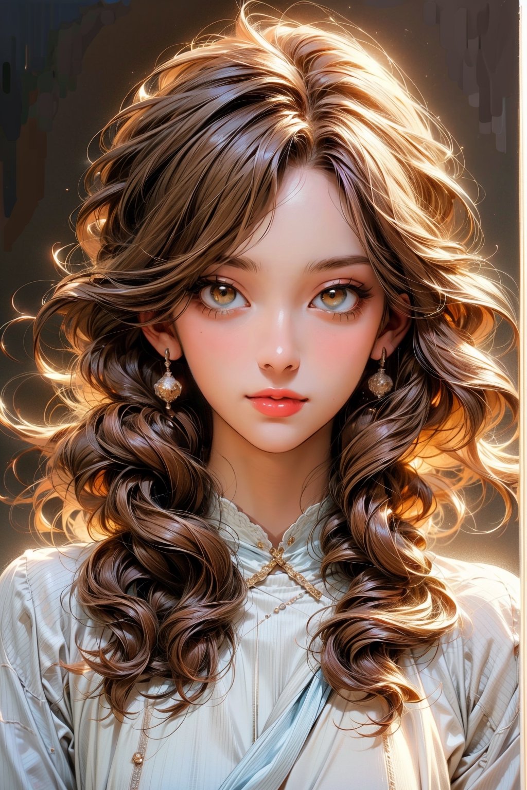 Create a good looking friendly faced girl, her face is round, her hair is curly and light brown, she has little nose and her eyes are honey 