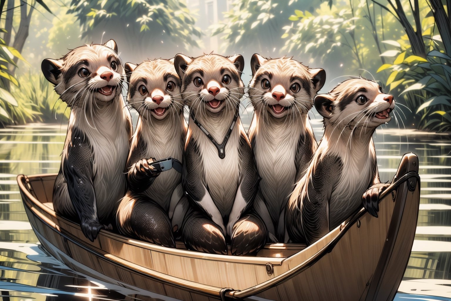 (Best Quality, 8k, 32k, Masterpiece, UHD:1.3), group of cute otters wearing a life vest and taking selfie together, one otter is holding the phone and all otters are looking up, all sitting in a canoe, all looking at camera, river background, day, volumetric lighting, realistic