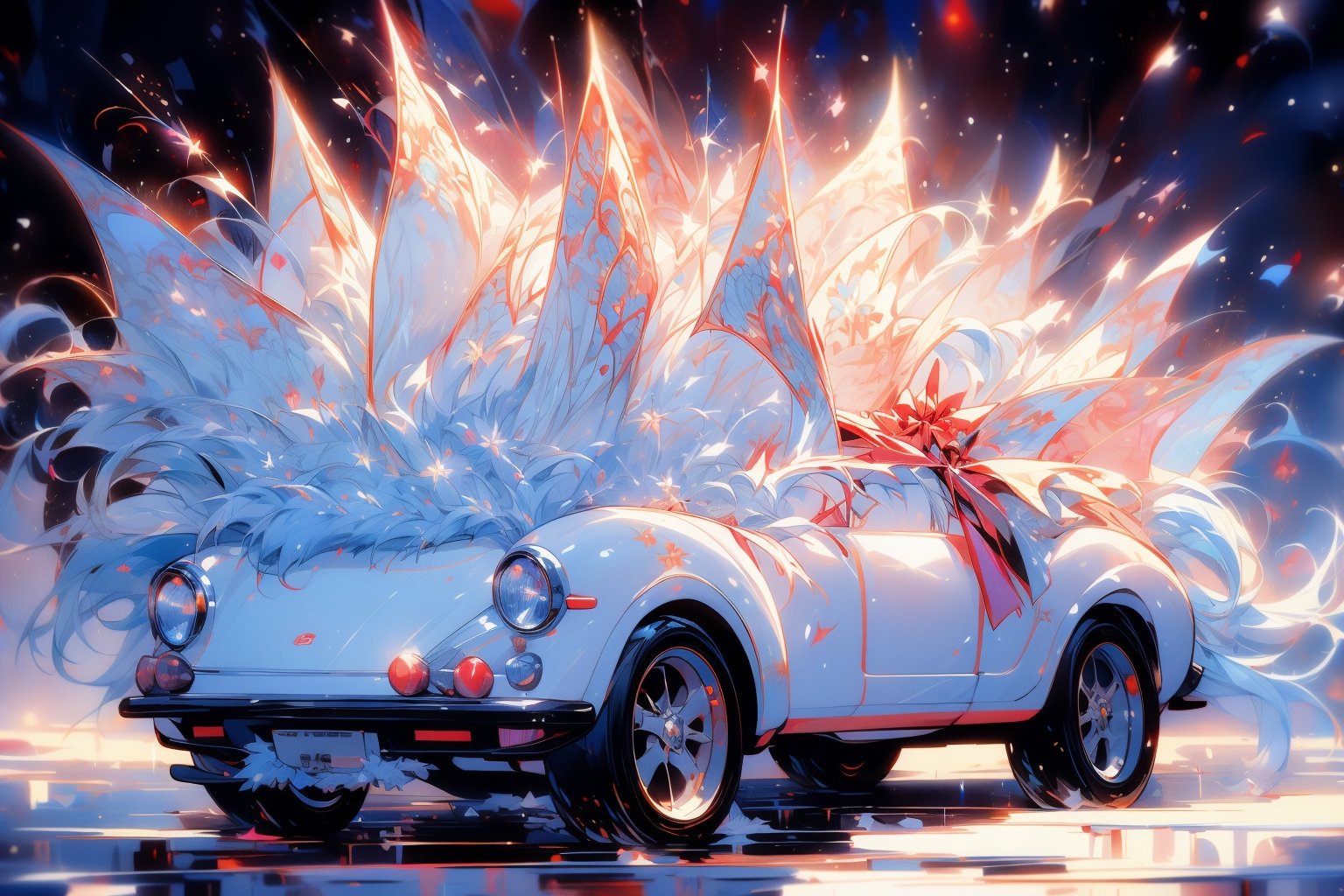 perspective view of a car, masterpiece, best quality, domestic_long-haired_cat, flat color, oil painting style, winter season, Christmas, snow, with colorful fireworks, flooded