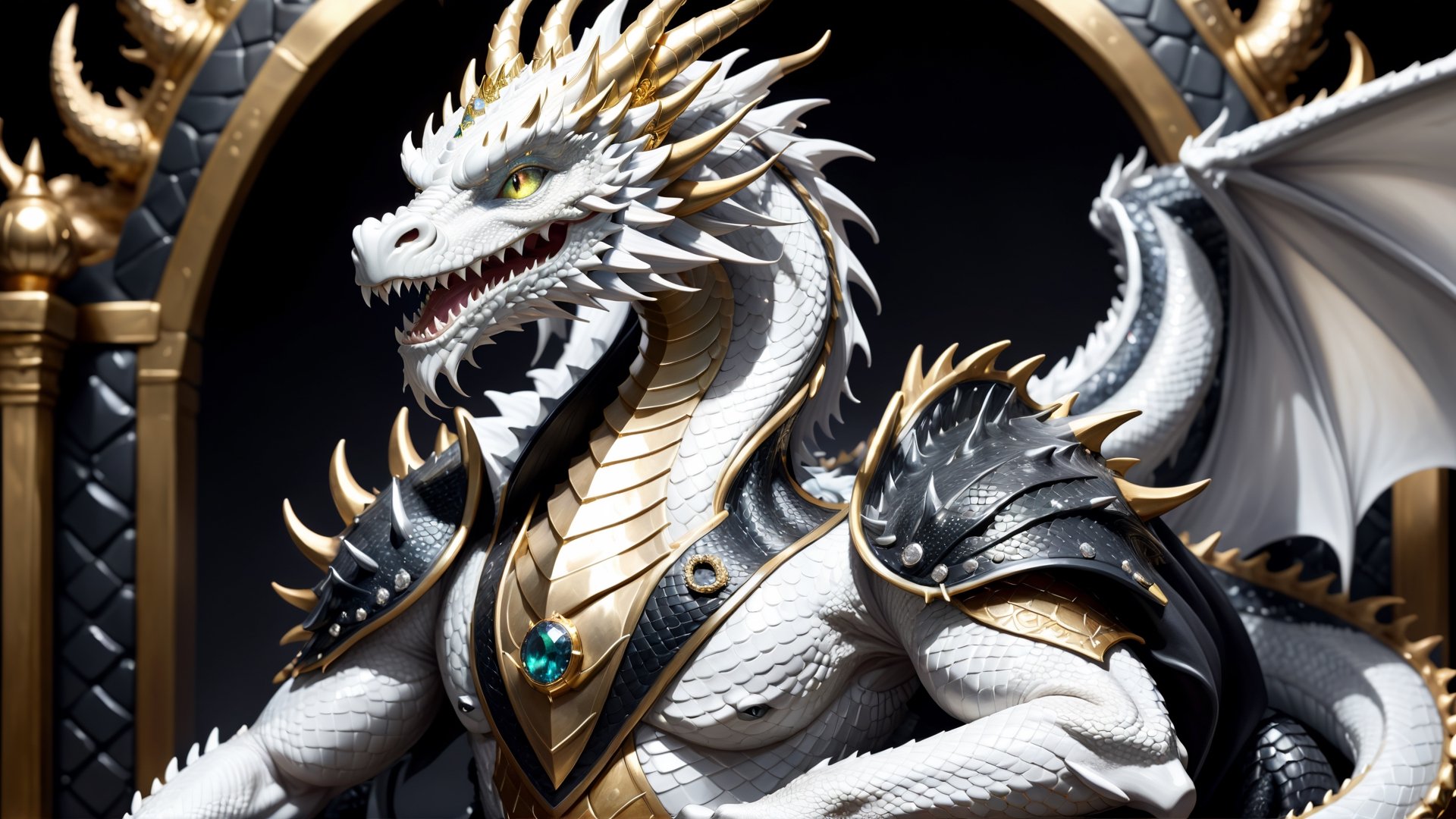 (((masterpiece))),best quality, illustration,(beautiful detailed dragon), a dragon ,solo,diamond chest,glaring eyes,beautiful detailed white face, white scales,gold and sliver ,a (blackhole) behind the dragon,a silver triple crown inlaid with obsidian, dynamic view, (sit) on the black ((throne)), (depth) of (field)