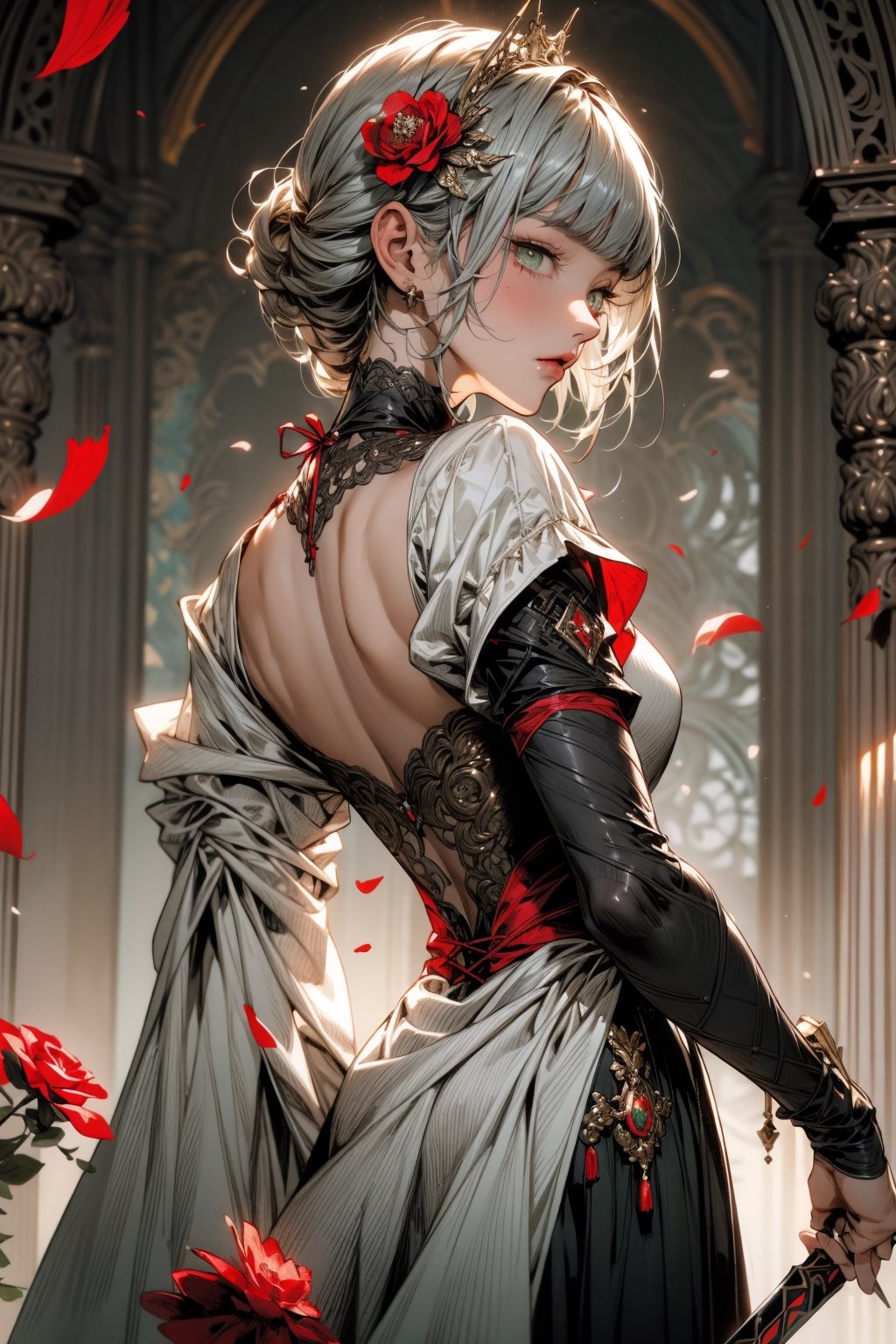 1girl, solo, looking at viewer, short hair, bangs, hair ornament, dress, holding, green eyes, standing, weapon, braid, flower, grey hair, looking back, sword, hair flower, blunt bangs, from behind, holding weapon, armor, torn clothes, maid, maid headdress, petals, blood, rose, holding sword, red flower, shoulder armor, gauntlets, red rose, armored dress, greatsword, noelle \(genshin impact\)