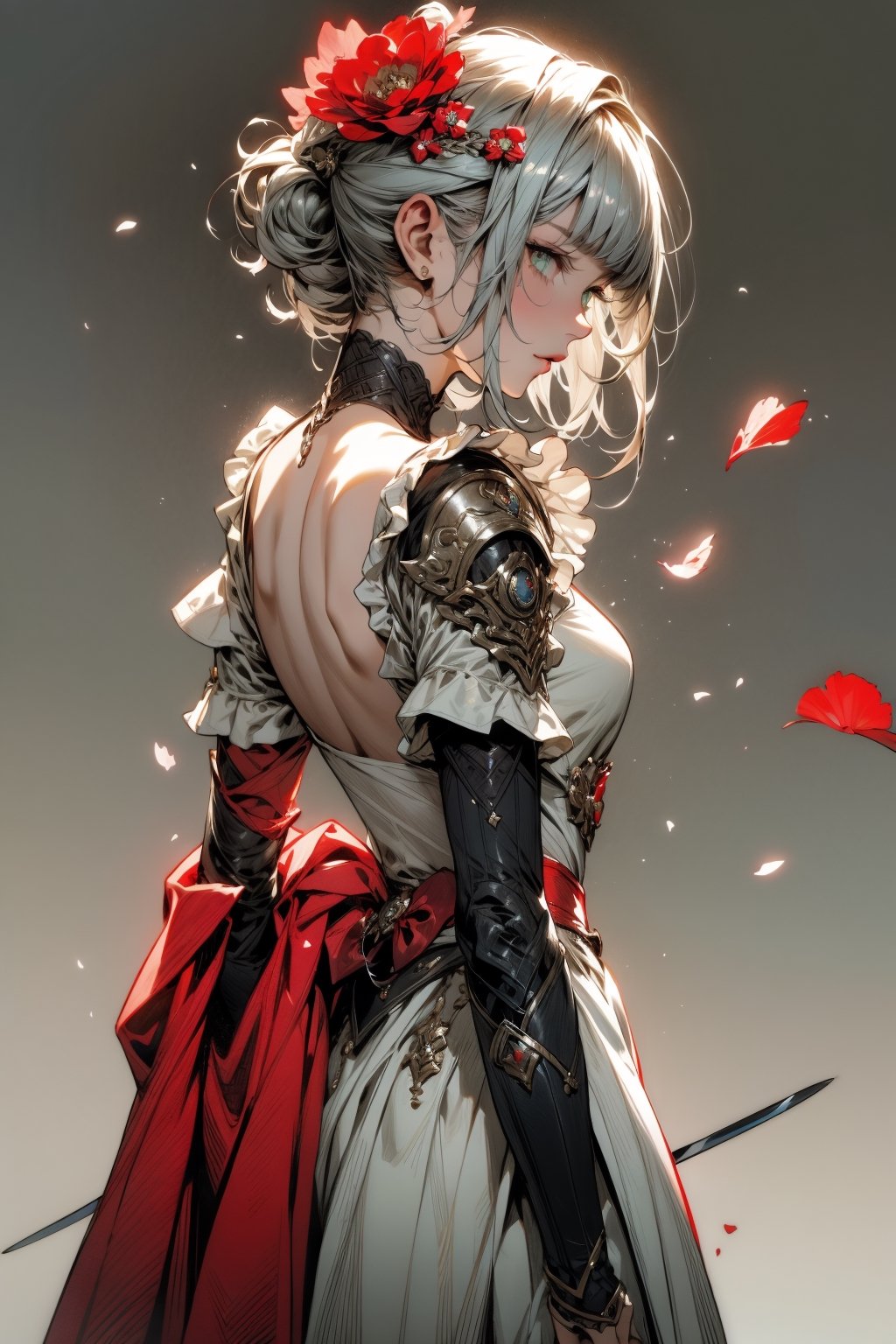 1girl, solo, looking at viewer, short hair, bangs, hair ornament, dress, holding, green eyes, standing, weapon, braid, flower, grey hair, looking back, sword, hair flower, blunt bangs, from behind, holding weapon, armor, torn clothes, maid, maid headdress, petals, blood, rose, holding sword, red flower, shoulder armor, gauntlets, red rose, armored dress, greatsword, noelle \(genshin impact\)