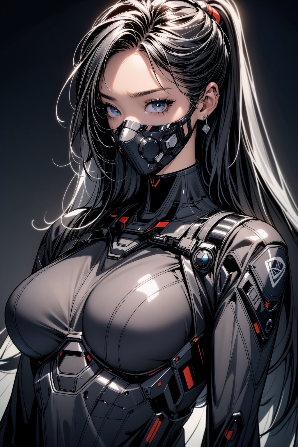 (UHQ, 8k, high resolution), Create a character design for a skilled military operative named Captain Steelhawk, Picture them in a tactical, dark-gray uniform with a concealed face behind a high-tech mask featuring piercing blue eyes