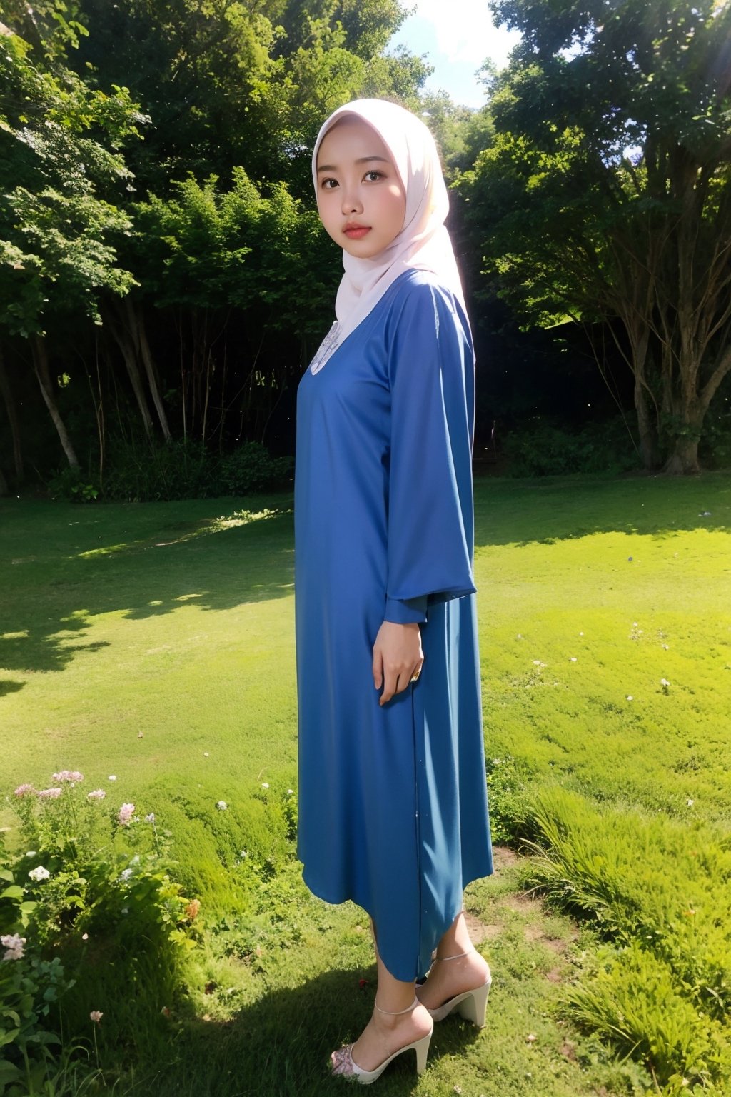 Sky_blue color, 1 girl, solo, hijab, looking at viewer, natural, no make_up,
Islamic gown, heels,
Standing,
Grassland, outside,
,Masterpiece,H3NUY 