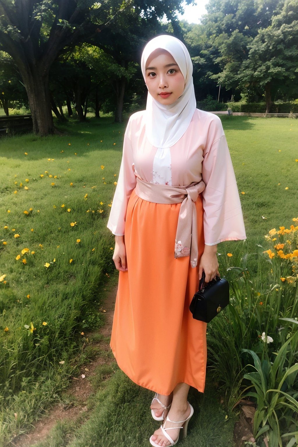 Orange color, 1 girl, solo, hijab, looking at viewer, natural, no make_up,
Hanbok, heels, toothbag
Standing,
Grassland, outside,
,Masterpiece,H3NUY 