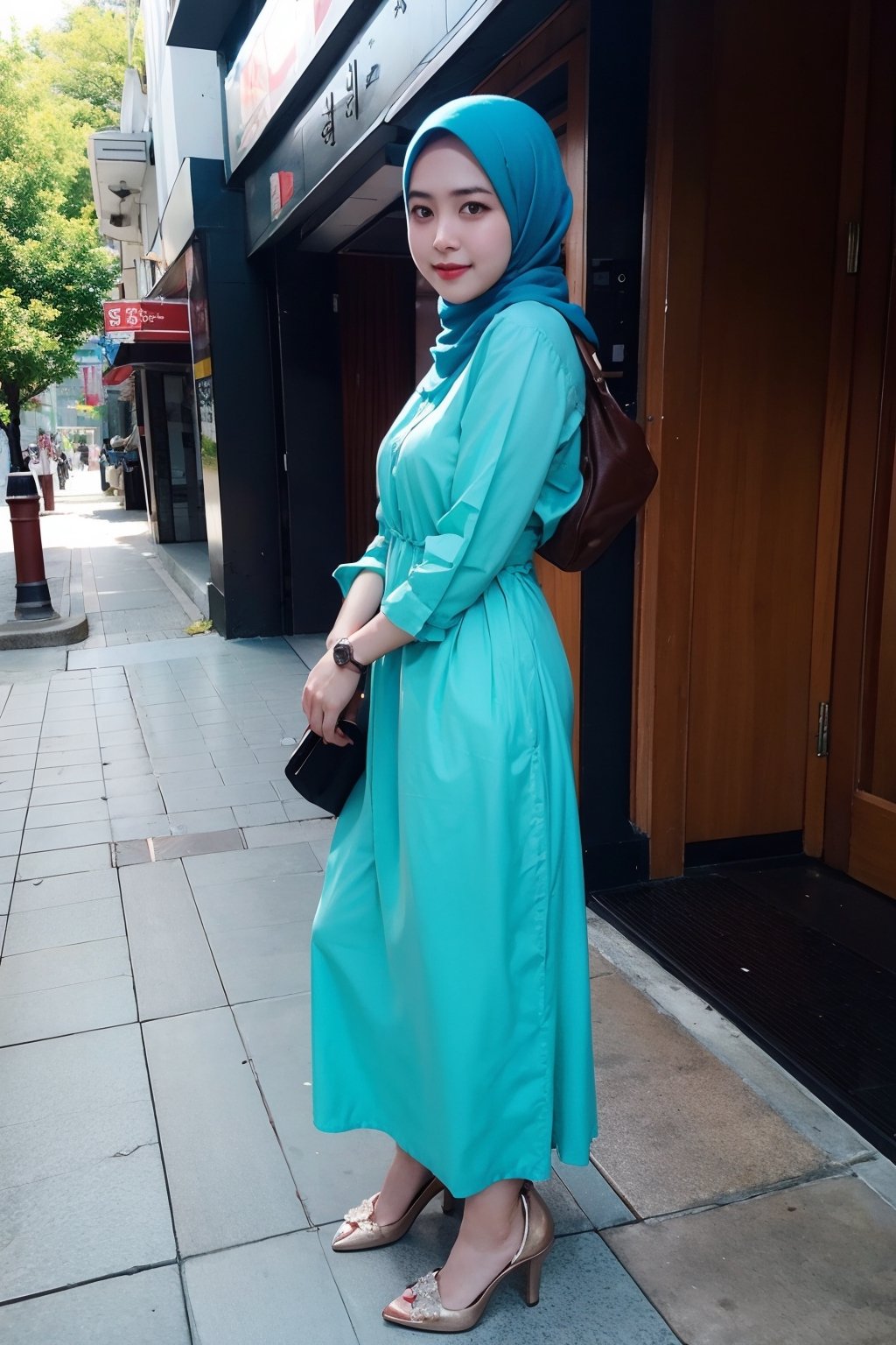 Cyan color, 1 girl, solo, hijab, looking at viewer, natural, no make_up,
Long Dress, heels, toothbag, watch 
Standing,
Seoul, City, outside,
,Masterpiece,H3NUY ,R15M ,In0r ,IR3N 