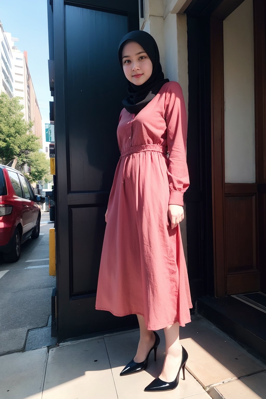 Colourfully color, 1 girl, solo, hijab, looking at viewer, natural, no make_up,
Long Dress, heels, toothbag, watch 
Standing,
Seoul, City, outside,
,Masterpiece,H3NUY ,R15M ,In0r ,IR3N 