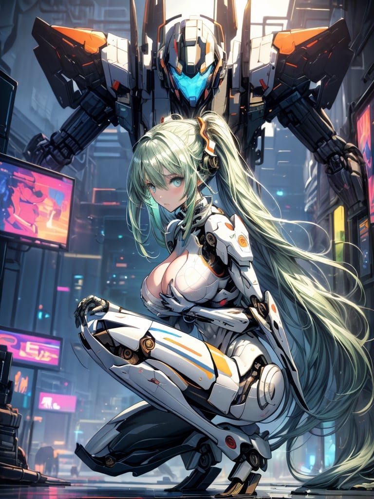 best quality illustration masterpiece,detailed eyes,white skin,detailed hair,extremely detailed 8k CG unity wallpaper,amazing designer,best film studio cinema lighting,simple and comfortable color palettes,

elf,rena erindel,1girl,a girl (with mechanical arms,beautiful detailed darkolivegreen tech cyborg eyes,white skin,thin body,((broken mecha bodysuit)), ((squatting)),from side

light yellowish green hair,very long hair,messy hair,curtained hair, short pointyears,

((huge_breasts)),(((pointy breasts))),bursting breasts, unaligned_breasts, hair_over_breasts,

expressionless face,expressive eyes and emotions background with soap bubbles,beautiful blue sky,a beautiful and vast place at the same time,cyberpunk,mecha,jump