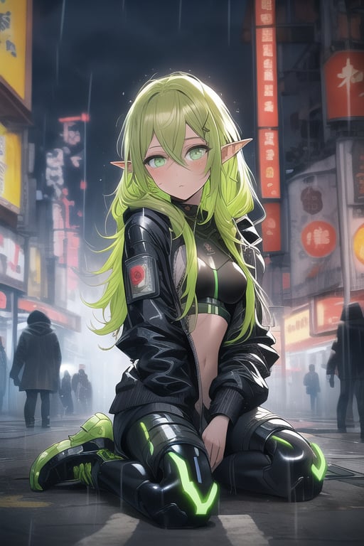 masterpiece, best quality, elf, rena erindel, 1girl , {{techwear}}, short latex open jacket, dark hoodie, metal combat suit , bangs, {{light yellowish green hair}}, {{long hair}}, messy hair, hair between eyes , medium breasts, short pointyears, beautiful detailed darkolivegreen tech cyborg eyes , dirty cyborg, broken cyborg, expressionless , {{shiny skin}}, {{{{cyberpunk}}}}, kowloon, night, small rain, fog, neon, warframe , extremely detailed, {{{masterpiece}}}, best quality, illustration