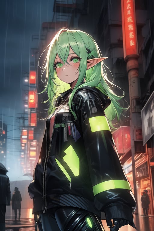 masterpiece, best quality, elf, rena erindel, 1girl , {{techwear}}, short latex open jacket, dark hoodie, metal combat suit , bangs, {{light yellowish green hair}}, {{long hair}}, messy hair, hair between eyes , medium breasts, short pointyears, beautiful detailed darkolivegreen tech cyborg eyes , dirty cyborg, broken cyborg, expressionless , {{shiny skin}}, {{{{cyberpunk}}}}, kowloon, night, small rain, fog, neon, warframe , extremely detailed, {{{masterpiece}}}, best quality, illustration