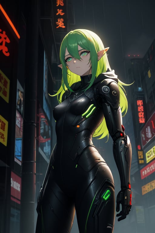 masterpiece, best quality, elf, rena erindel, 1girl , {{techwear}}, short latex open jacket, dark hoodie, metal combat suit , bangs, {{light yellowish green hair}}, {{long hair}}, messy hair, hair between eyes , medium breasts, short pointyears, beautiful detailed darkolivegreen tech cyborg eyes , dirty cyborg, broken cyborg, expressionless , {{shiny skin}}, {{{{cyberpunk}}}}, kowloon, night, small rain, fog, neon, warframe , extremely detailed, {{{masterpiece}}}, best quality, illustration