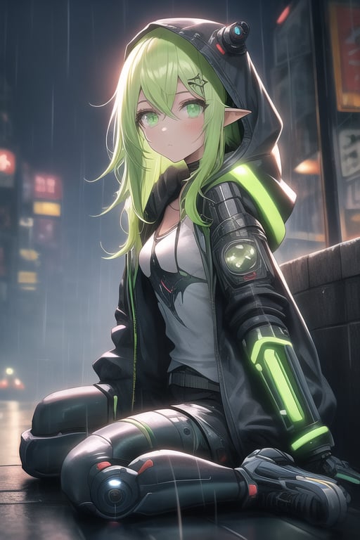 masterpiece, best quality, elf, rena erindel, 1girl , {{techwear}}, short latex open jacket, dark hoodie, metal combat suit , bangs, {{light yellowish green hair}}, {{long hair}}, messy hair, hair between eyes ,  
big breasts, short pointyears, beautiful detailed darkolivegreen tech cyborg eyes , dirty cyborg, broken cyborg, expressionless , {{shiny skin}}, {{{{cyberpunk}}}}, kowloon, night, small rain, fog, neon, warframe , extremely detailed, {{{masterpiece}}}, best quality, illustration