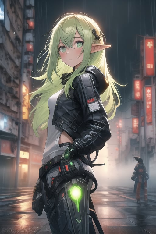 masterpiece, best quality, elf, rena erindel, 1girl , {{techwear}}, short latex open jacket, dark hoodie, metal combat suit , bangs, {{light yellowish green hair}}, {{long hair}}, messy hair, hair between eyes , medium breasts, short pointyears, beautiful detailed darkolivegreen tech cyborg eyes , dirty cyborg, broken cyborg, expressionless , {{shiny skin}}, {{{{cyberpunk}}}}, kowloon, night, small rain, fog, neon, warframe , extremely detailed, {{{masterpiece}}}, best quality, illustration