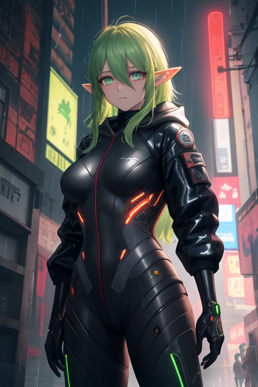 masterpiece, best quality, elf, rena erindel, 1girl , {{techwear}}, short latex open jacket, dark hoodie, metal combat suit , bangs, {{light yellowish green hair}}, {{long hair}}, messy hair, hair between eyes , huge large breasts, short pointyears, beautiful detailed darkolivegreen tech cyborg eyes , dirty cyborg, broken cyborg, expressionless , {{shiny skin}}, {{{{cyberpunk}}}}, kowloon, night, small rain, fog, neon, warframe , extremely detailed, {{{masterpiece}}}, best quality, illustration