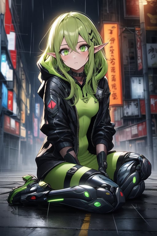 masterpiece, best quality, elf, rena erindel, 1girl , {{techwear}}, short latex open jacket, dark hoodie, metal combat suit , bangs, {{light yellowish green hair}}, {{long hair}}, messy hair, hair between eyes , medium breasts, short pointyears, beautiful detailed darkolivegreen tech cyborg eyes , dirty cyborg, broken cyborg, expressionless , {{shiny skin}}, {{{{cyberpunk}}}}, kowloon, night, small rain, fog, neon, warframe , extremely detailed, {{{masterpiece}}}, best quality, illustration