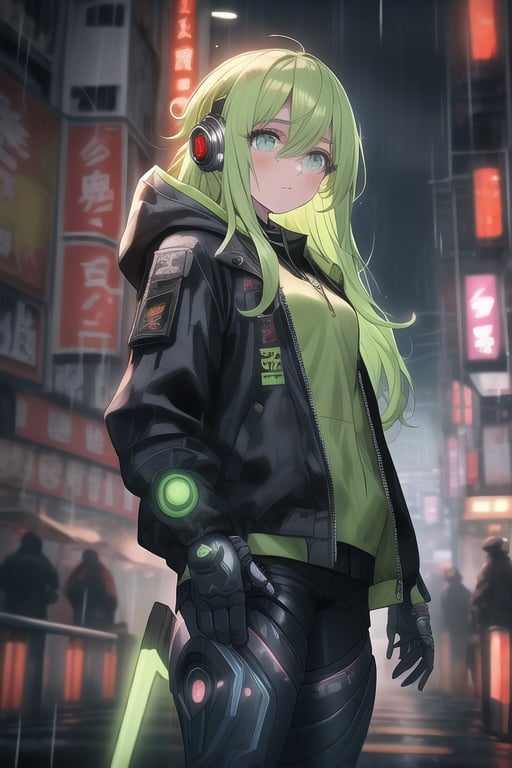 masterpiece, best quality, elf, rena erindel, 1girl , {{techwear}}, short latex open jacket, dark hoodie, metal combat suit , bangs, {{light yellowish green hair}}, {{long hair}}, messy hair, hair between eyes , medium breasts, short pointyears, beautiful detailed darkolivegreen tech cyborg eyes , dirty cyborg, broken cyborg, expressionless , {{shiny skin}}, {{{{cyberpunk}}}}, kowloon, night, small rain, fog, neon, warframe , extremely detailed, {{{masterpiece}}}, best quality, illustration