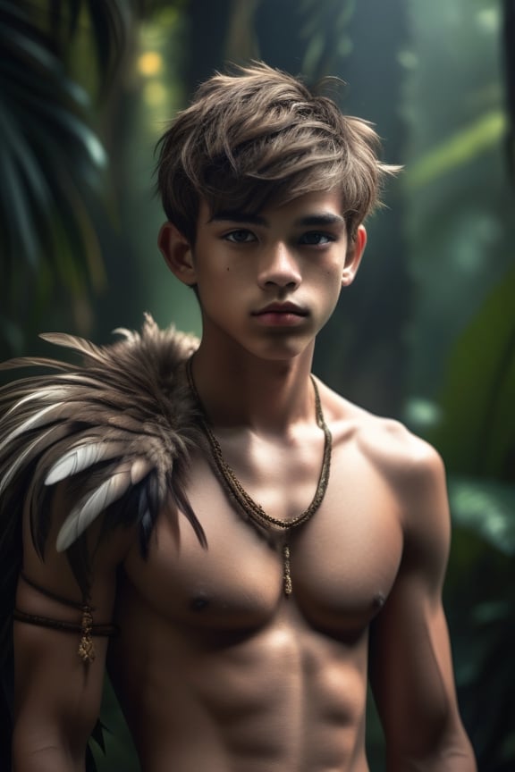 Full body, Long shot, hyperdetailed photography of a shirtless Jungle twink, Intricate Details, fur and feather cloth, strong thighs, Perfect Composition, High Contrast, Clouds, Atmospheric, Moody, Raw photo, realistic, cinematic lighting, soft shadows, sharp focus, fractal, colorful, depth of field, best quality, 16k resolution,more detail XL