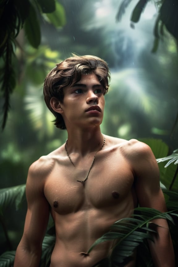 Medium shot, hyperdetailed photography of a shirtless Jungle twink, Intricate Details, fur and feather cloth, strong thighs, Perfect Composition, High Contrast, Clouds, Atmospheric, Moody, Raw photo, realistic, cinematic lighting, soft shadows, sharp focus, fractal, colorful, depth of field, best quality, 16k resolution,more detail XL,male