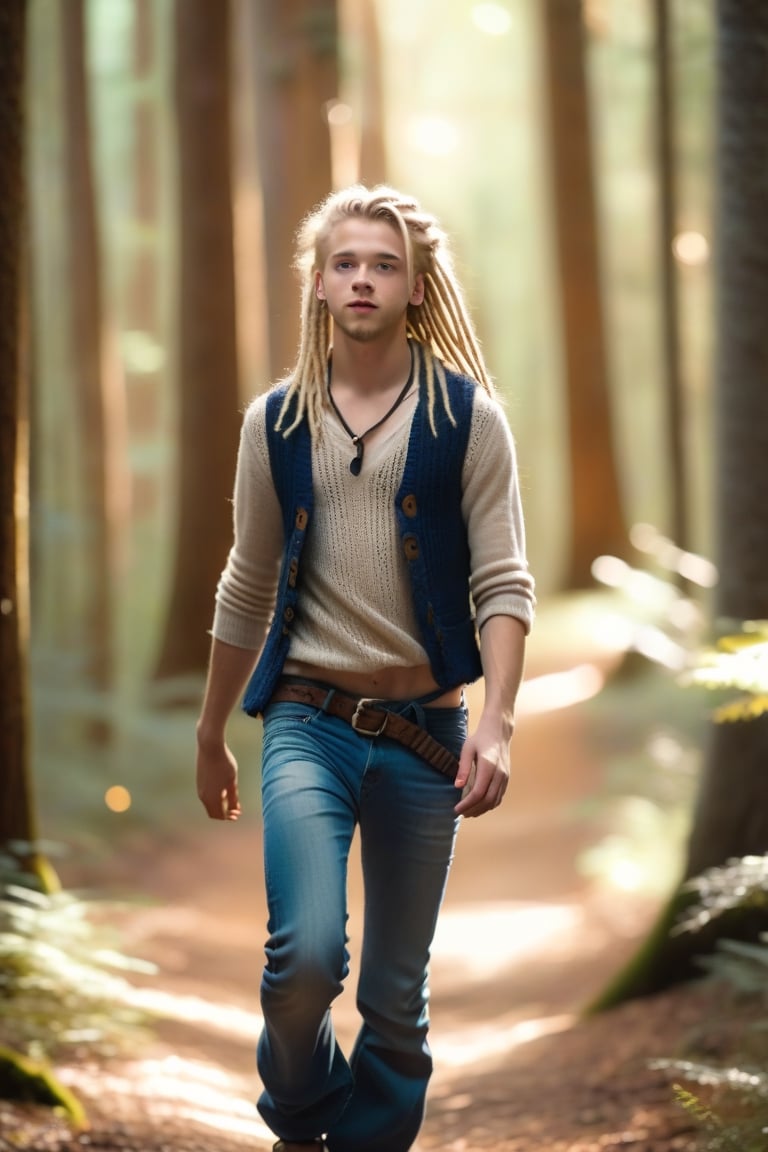 (Full body), 1boy, 18yo, blonde dreadlocks, blue eyes, skinny no muscles, bell bottom jeans, ((no shirt)), open long knitted vest, (exposed chest), sandals, walking in a forest, photorealistic, romantic lighting, kodachrome, bokeh, deep depth of field, wide angle, overhead shot, more detail XL:0.5,