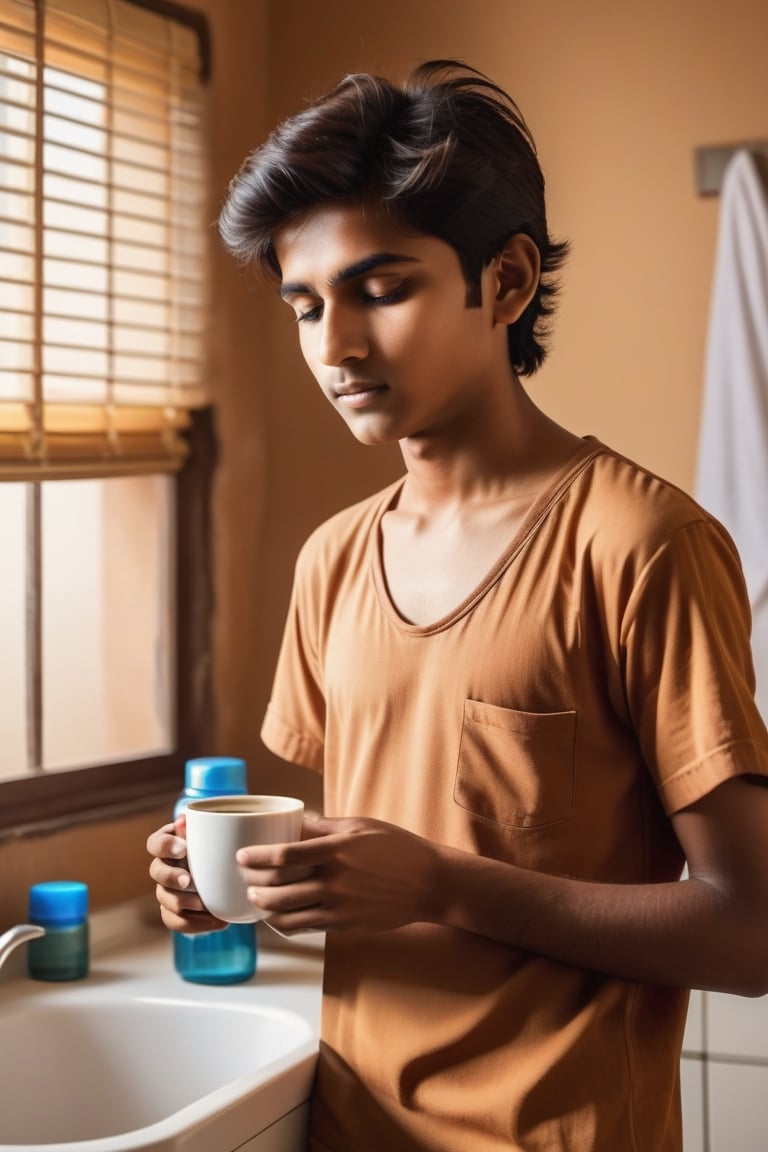 Create an image of a typical morning routine for a young indian man. The scene should depict a normal boy who has just woken up, with tousled hair and sleepy eyes. He is seen getting ready for the office after taking a refreshing bath and having a simple breakfast. The background should capture the warmth of a cozy bedroom with morning light streaming in. Showcase the details of the boy selecting his clothes, combing his hair, and perhaps enjoying a cup of coffee or tea. The atmosphere should convey the routine yet relatable moments of a person preparing for a productive day ahead. realstic image, brown eyes, ,more detail XL