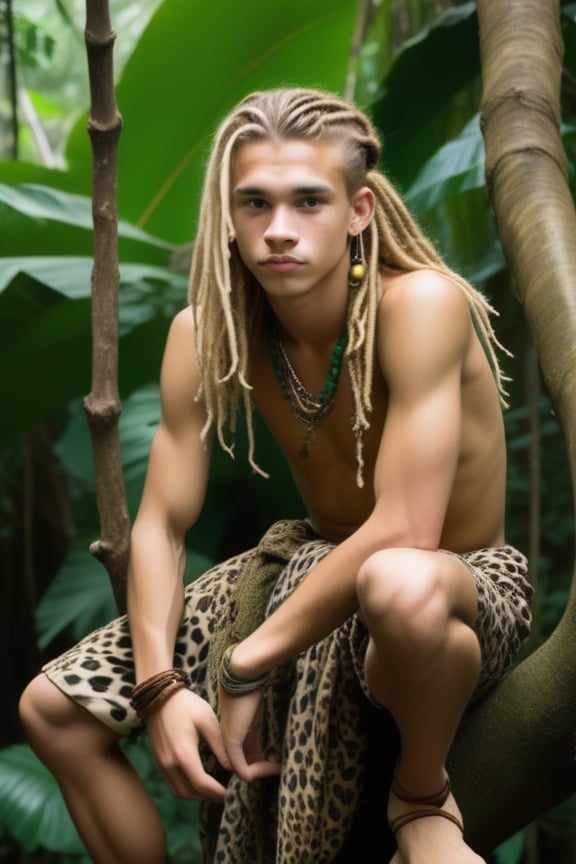 Wild teenage ((male)) kneeling on a tree branch in a jungle, long blond dreadlocked hair, leopard print sarong wrapped around his waist,
