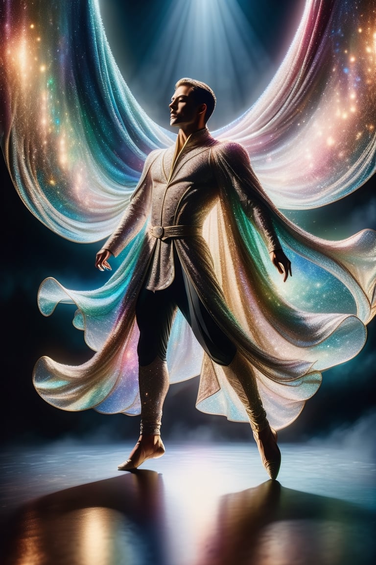 A male dancer, wearing a dance costume with a long flowing cape. The dance costume is formed by a soft-colored transparent liquid splashed in the Iridescent Organza reflective liquid and a fluid lace texture. It has high details, delicate light and shadow, high texture, and high Quality, dark background, bokeh, professional panoramic shooting ,DonMQu4n7umZ3r0XL ,glitter,shiny