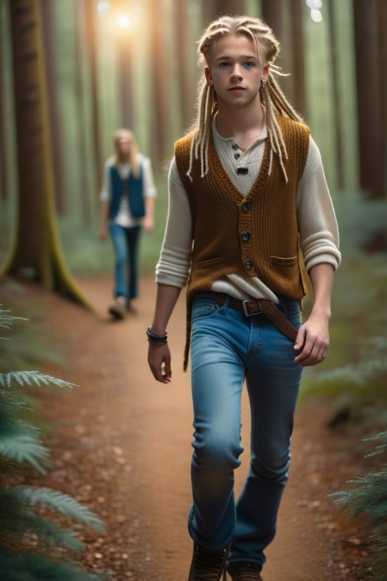 (Full body), 1boy, 18yo, blonde dreadlocks, blue eyes, skinny no muscles, bell bottom jeans, no shirt, long knitted vest, sandals, walking in a forest, photorealistic, romantic lighting, kodachrome, bokeh, deep depth of field, wide angle, overhead shot, more detail XL:0.5,