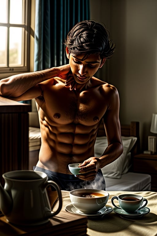 Create an image of a typical morning routine for a young indian man. The scene should depict a normal boy who has just woken up, with tousled hair and sleepy eyes. He is seen getting ready for the office after taking a refreshing bath and having a simple breakfast. The background should capture the warmth of a cozy bedroom with morning light streaming in. Showcase the details of the boy selecting his clothes, combing his hair, and perhaps enjoying a cup of coffee or tea. The atmosphere should convey the routine yet relatable moments of a person preparing for a productive day ahead. realstic image, brown eyes, 