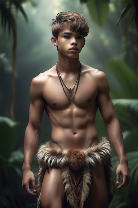 Long shot, hyperdetailed photography of a shirtless Jungle twink, Intricate Details, fur and feather cloth, strong thighs, Perfect Composition, High Contrast, Clouds, Atmospheric, Moody, Raw photo, realistic, cinematic lighting, soft shadows, sharp focus, fractal, colorful, depth of field, best quality, 16k resolution,more detail XL