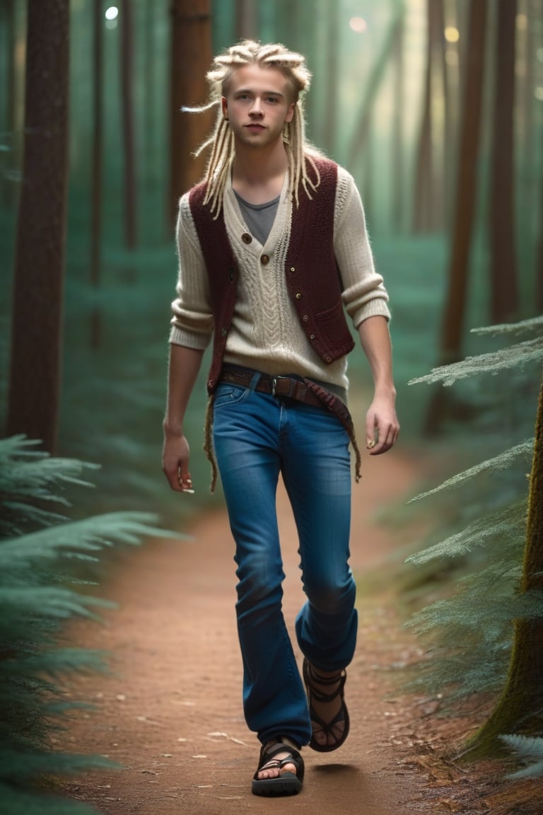 (Full body), 1boy, 18yo, blonde dreadlocks, blue eyes, skinny no muscles, bell bottom jeans, (no shirt), long knitted vest, exposed chest, sandals, walking in a forest, photorealistic, romantic lighting, kodachrome, bokeh, deep depth of field, wide angle, overhead shot, more detail XL:0.5,