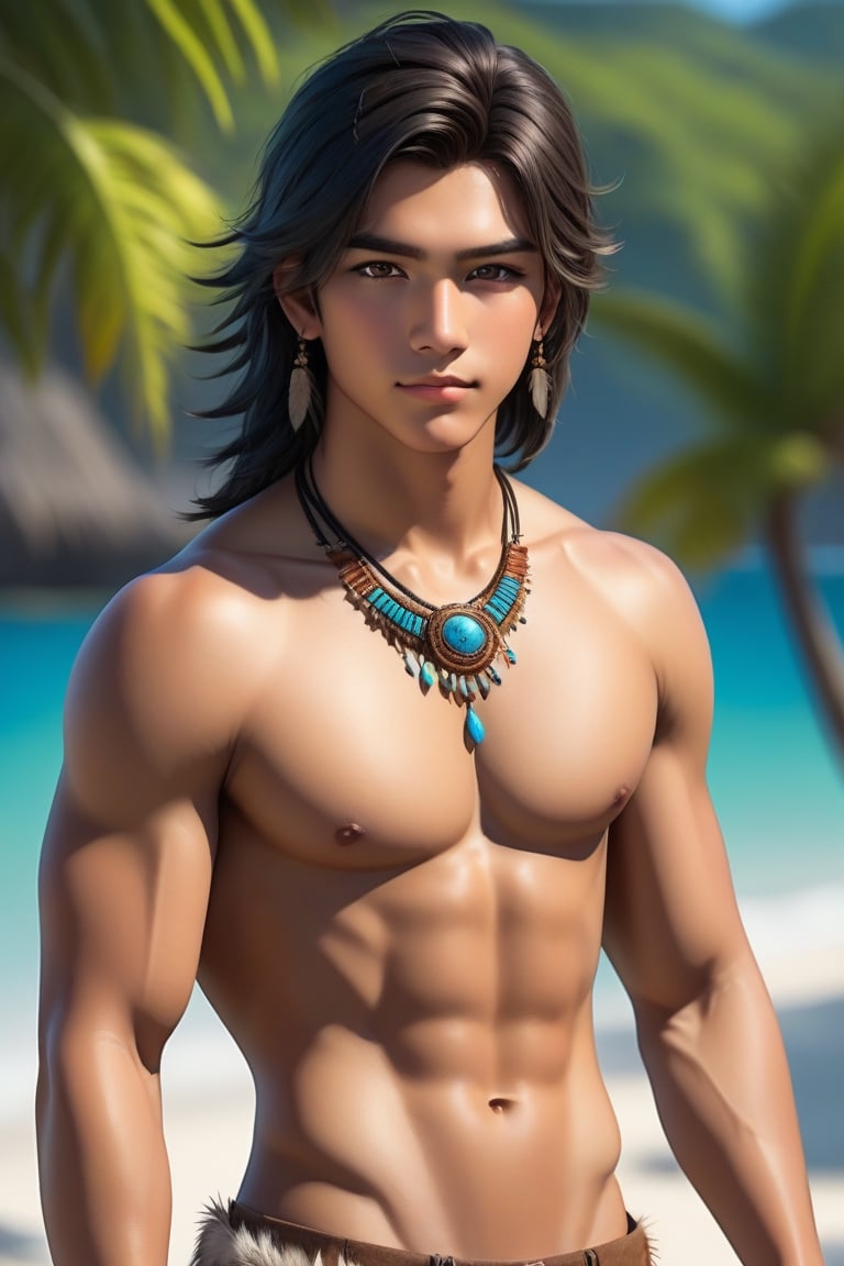 (((full body))), beautiful 16yo native male, flirtatious, shirtless, detailed hair, detailed eyes,more detail XL