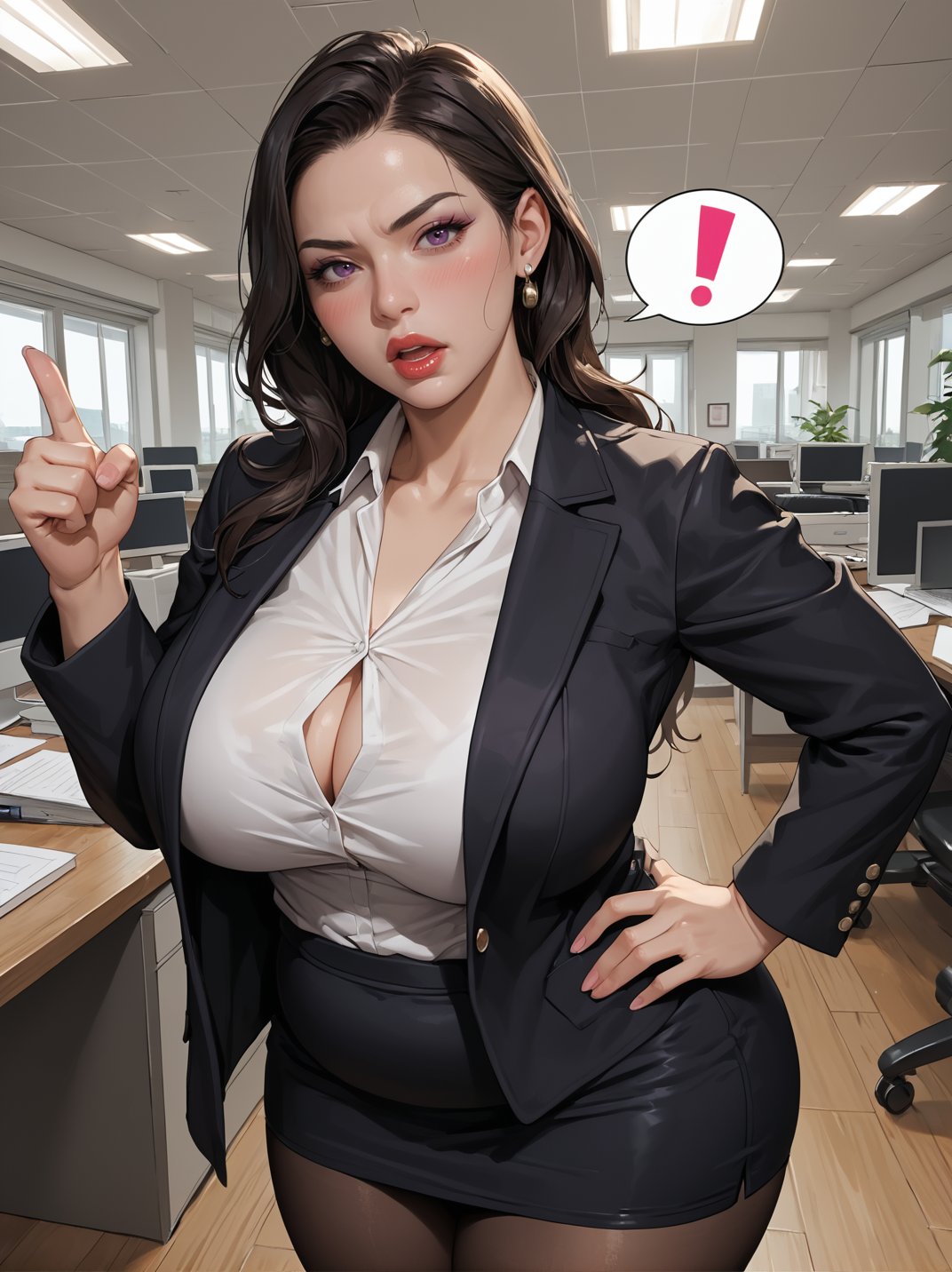 score_9, score_8_up, score_7_up, BREAK (1girl, young female, black hair, long hair, purple eyes, curvy, large breasts, large ass, thick thighs, wide hips, plump, voloptuous), (makeup, lips, lipstick, black coat, black pantyhose, skirt, outwear, indoors, office), BREAK (standing, pointing at viewer, hand on own hip, pointing up, 1girl, mature female, solo, pov, looking at viewer, blush, open mouth, head tilt, annoyed, talking, !, spoken exclamation mark)