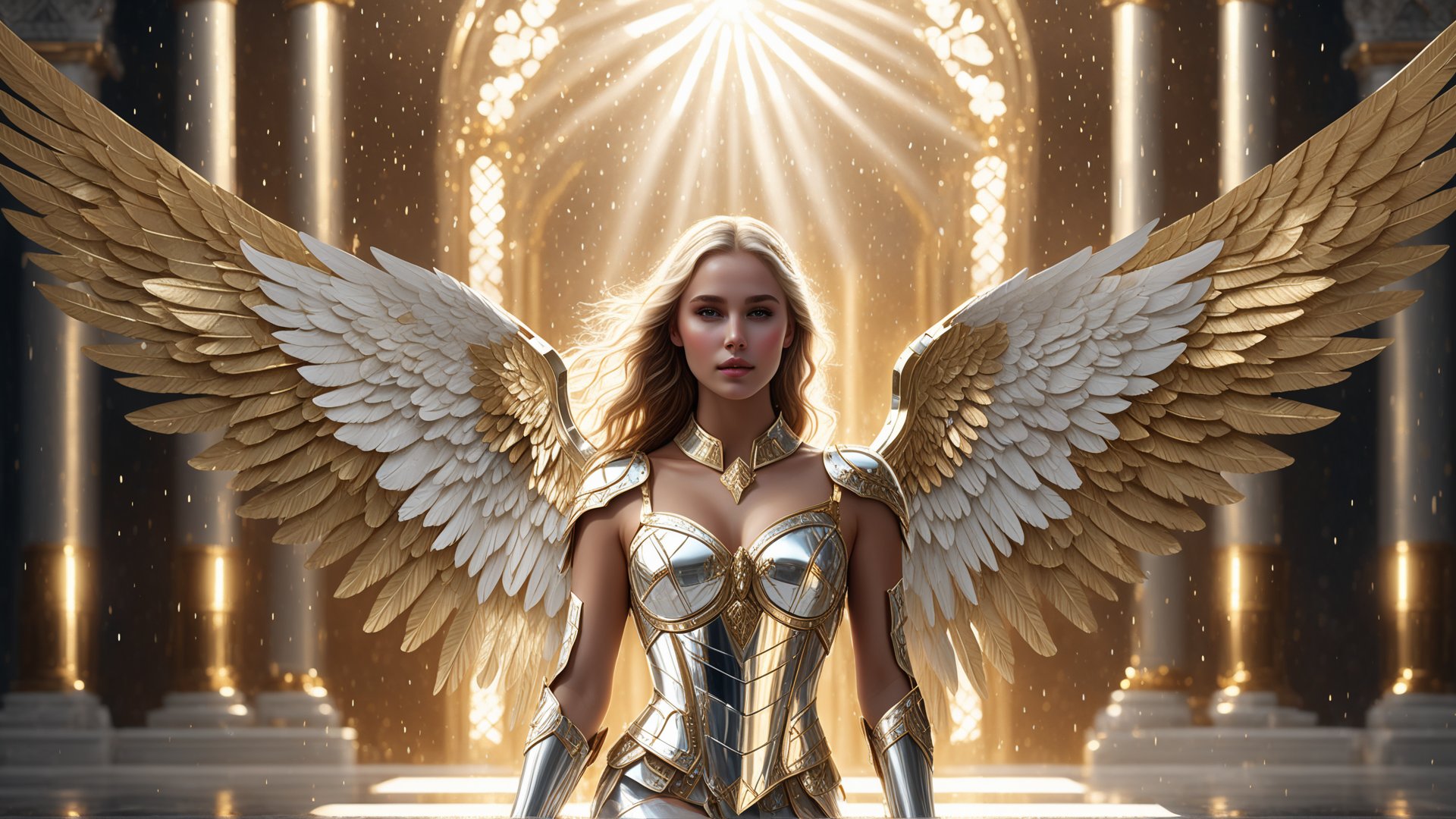 Masterpiece, 4k ultra detail, photo quality, in frame, full body, zoom out observer from a distance, wet textures, cinematic lighting, beautiful blonde young female, shiny bright chrome fractal lighted armor, large wings, glorius presence, surounded by light, standing on the ground, perfect face, perfect body, perfect symetry. perfect teeth, perfect eyes, perfect hair, perfect lips, perfect nose, perfect feet, perfect legs background is a exstravagant golden palace with an army of angels behind her