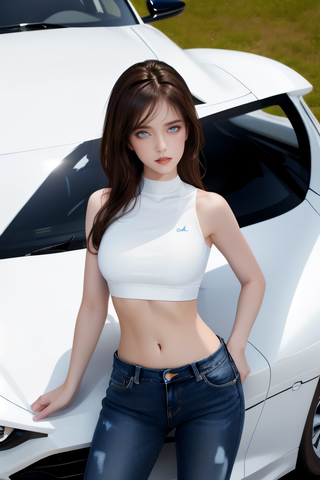 A mesmerizing ((masterpiece)) of a digital painting featuring a cute large cheated girl with dark blue eyes, brown hair, pale white skin, and a confident stance. wearing a stylish white crop top and short blue jeans, standing atop the hood of a sleek sports car.,missionary vaginal