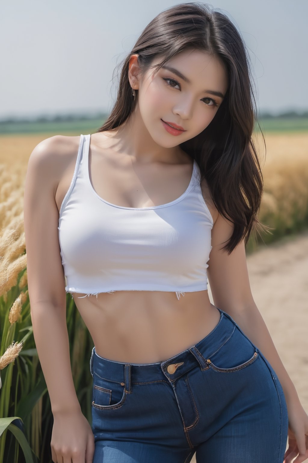 modelshoot style, female teenager, (brown eyes), (black hair), (thin waist:1.2), attractive appearance, deep chest, (short jeans:1.1), (white crop top:1.15), dynamic pose, (highly detailed:1.2), (sharp focus:1.15), vibrant ambiance, (youthful energy), (casual fashion), trendy attire, capturing the beauty of youth,aesthetic portrait