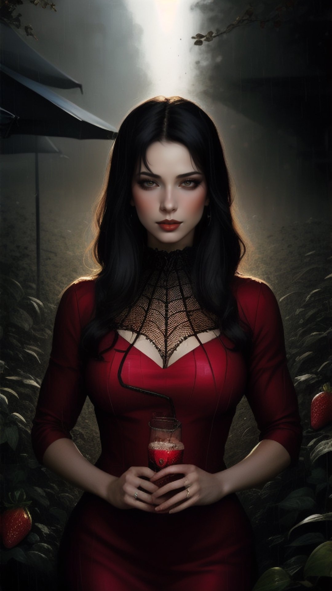 A highly detailed digital painting of an elegant dark-haired woman in a red dress with visible muscles, defined cheekbones, set against a rainy, dark backdrop with spiderwebs. Blend the styles of Vladimir Volegov, Vincent Lefevre, RossDraws, and Charlie Bowater for a breathtaking result, reminiscent of James Gurney's and Lois Van RossDraws' techniques. Infuse the artwork with rich, deep colors and a touch of the sublime, inspired by strawberry fields.