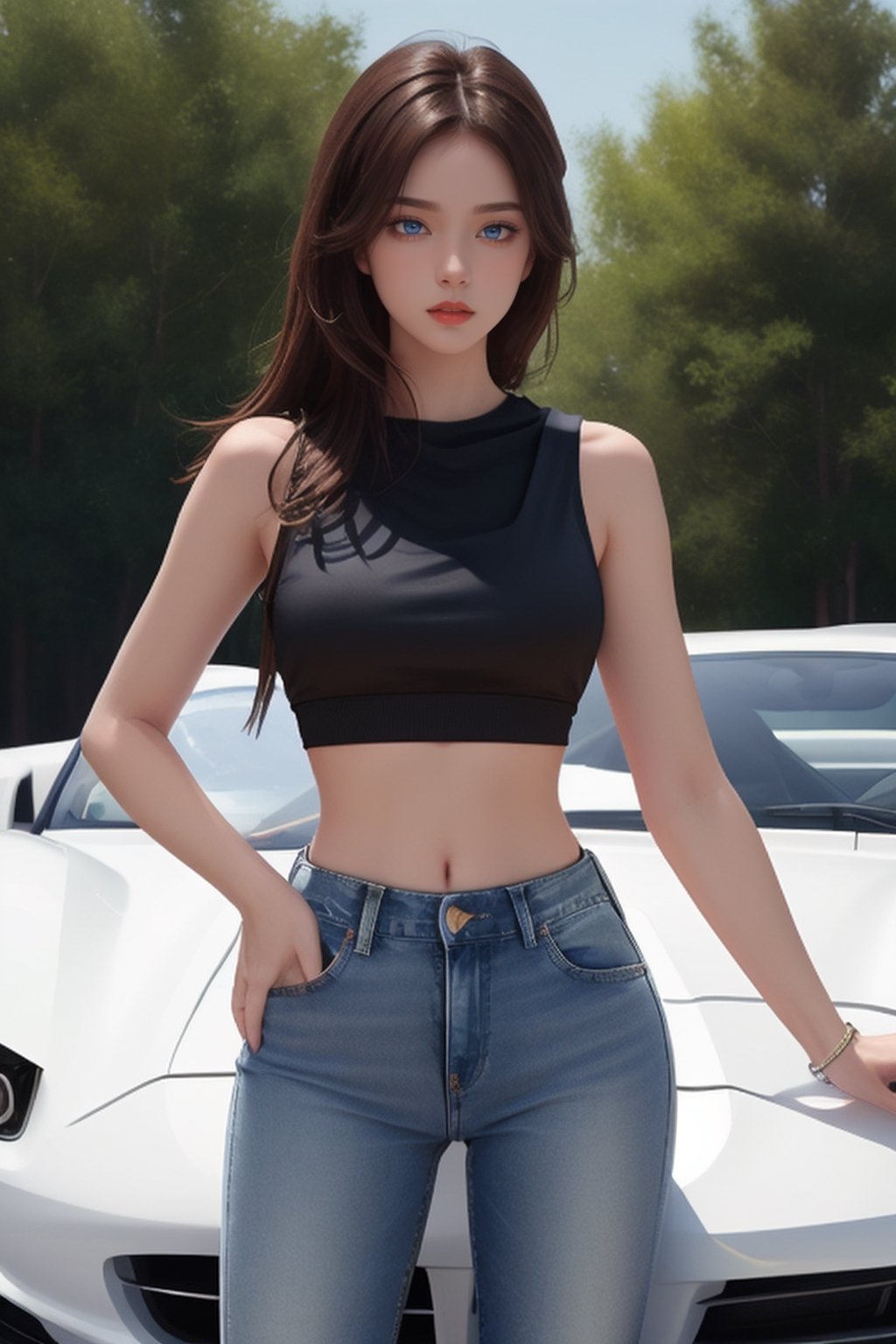 A mesmerizing ((masterpiece)) of a digital painting featuring a cute large cheated girl with dark blue eyes, brown hair, pale white skin, and a confident stance. wearing a stylish white crop top and short blue jeans, standing atop the hood of a sleek sports car.