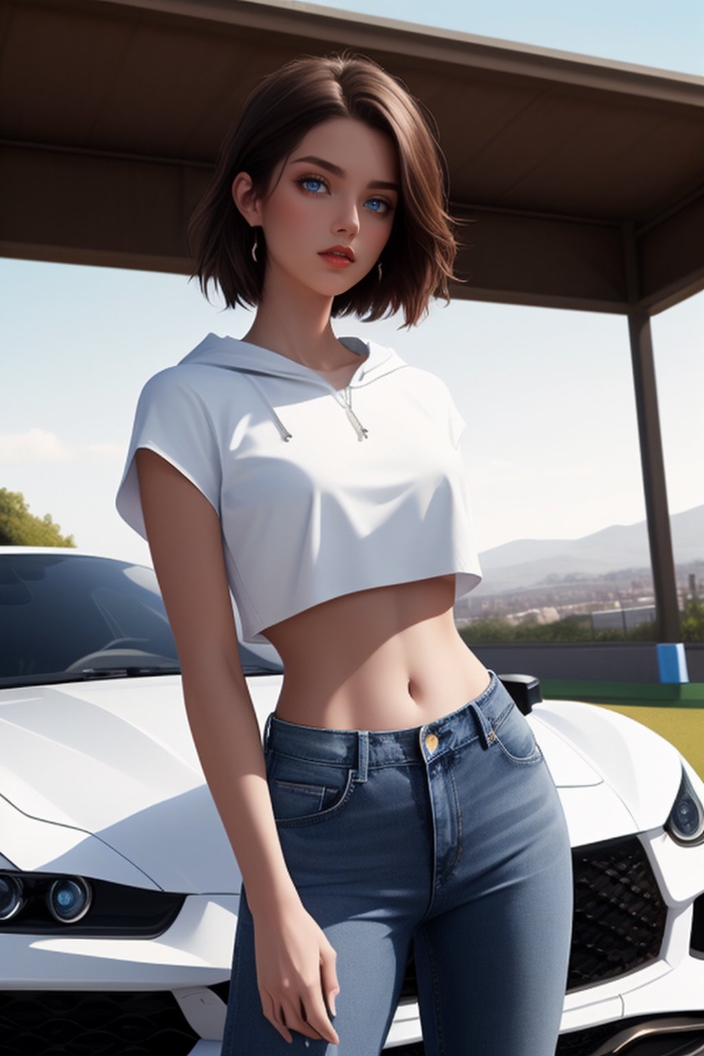 A mesmerizing ((masterpiece)) of a digital painting featuring a cute large cheated girl with dark blue eyes, brown hair, pale white skin, and a confident stance. wearing a stylish white crop top and short blue jeans, standing atop the hood of a sleek sports car.