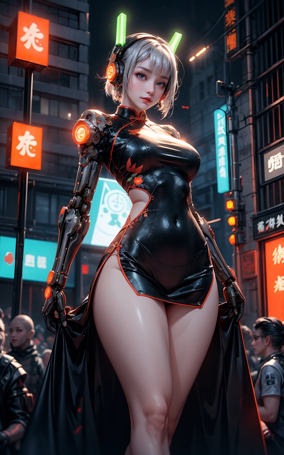 ((1 girl, adorable, happy)), ((chinese_clothes, cheongsam, cyberhanfu)), (headphones, white hair, short hair, blue eyes, makeup), (large breasts, large ass, thick thighs, wide hips, abs, voloptuous), cyberpunk city, dynamic pose, detailed luminous headphones, glowing hair accessories, glowing earrings, glowing necklace, cyberpunk, high-tech city, full of mechanical and futuristic elements, futurism, technology, glowing neon, orange, orange light, transparent streamers, laser, digital background urban sky, big moon