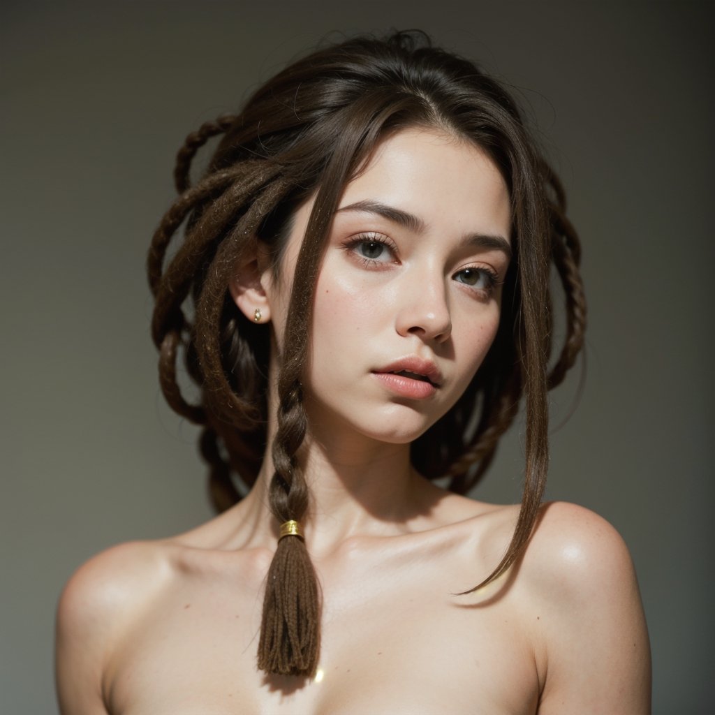 Protrait, photograph, androgynous hunnuman, oval jaw, delicate features, beautiful face, dreadlocked hair, java ,unclothed,full body