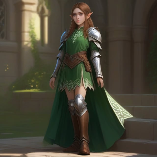 4k, masterpiece, super detailed face, super detailed green eyes,  full_body, feet, hands,  elven female cleric, 1girl, brown_hair, elinalise, armored_dress, armored_boots, standing, full