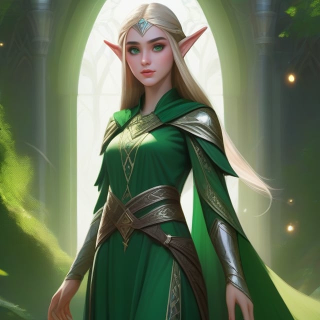 4k, masterpiece, super detailed face, super detailed green eyes,  full body show, feet, hands,  elven female cleric, 1girl