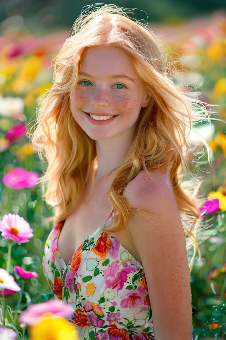 (((A beautiful 20-year old girl with strawberry blonde hair))), (beautiful green eyes), pale white skin, smiling happily, wearing a flowery dress, walking on a field of flowers with a multitude of colors on a sunny day, looking at camera,Innocence Girl