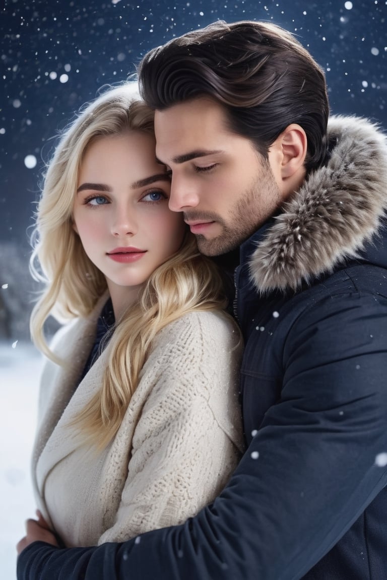 One handsome (dark hair man:1.3) and one (beautiful blonde:1.4), wearing winter clothing, (man is embracing blonde girl:1.3), (man looks at blonde girl intently:1.3), (blonde girl looks hopeful at viewer:1.5), (full moon in night sky:1.3), (snow falling:1.4), snow on the ground, romantic vibes, (natural skin texture, detailed skin texture, skin fuzz), natural lighting, best quality, photography, 12K, UHD, hyper-detailed,photo r3al