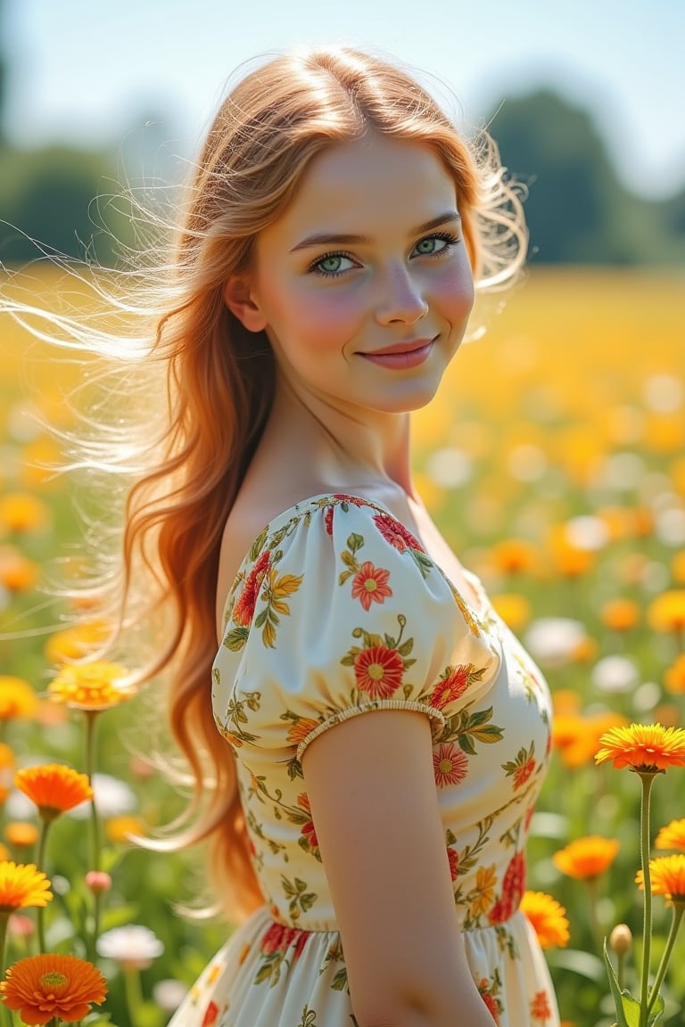 (((A beautiful 18-year old girl with strawberry blonde hair))), beautiful blue eyes, pale white skin, dawning a shy smile, wearing a flowery dress, walking on a field of flowers with a multitude of colors on a sunny day