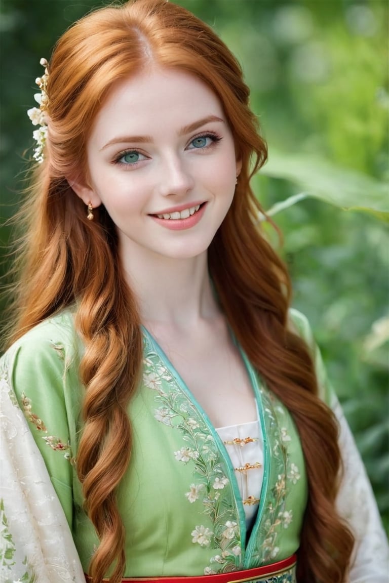 18-year old beautiful European girl, cute girl, (long light ginger red hair:1.3), (symmetrical light green eyes:1.2), (pale skin:1.2), happy smiling, (perfect white teeth:1.3), (detailed beautiful face and eyes), earrings, perfect body, ((slender body, large breasts, flat stomach, 24" waist, narrow hips)), wearing ((Chinese folk costume)), (natural skin texture, detailed skin texture, skin fuzz), outdoor with lots of greens, full body, close-up, ((facing viewer)), best quality, soft lighting, photography, 12K, UHD, hyper-detailed