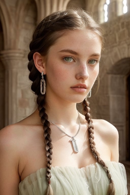 An 18 yr old extremely attractive girl,  (pale white skin),  (perfect light green eyes),  (long double braided dark blond hair),  ((european teen), sultry look, soothing tones,  muted colors,  high contrast,  (natural skin texture,  hyperrealism,  soft light,  sharp),  (see-through:1.1),  strapless sexy summer dress,  jewel necklace,  silver earrings, ((old castle interior))
