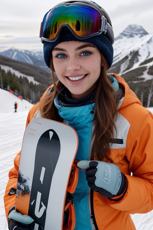A beautiful female snowboarder, 18-year old European girl, super cute, long brunette hair, (fair skin), seductive smile, (perfect white teeth), perfect athletic body, wearing ski helmet, (orange ski jacket:1.2), long ski pants, gloved hands, (holding 1 snowboard:1.3), (snow boots), Alpine ski slope, close-up, best quality, photography, 12k, natural lighting, UHD, sharp focus, hyper-detailed, (symmetrical pale blue eyes),perfect,Realism