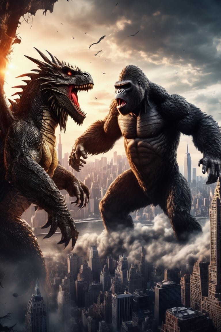 (Godzilla dragon:1.4) vs (Giant King Kong:1.2) fighting. In the background is the cityscape of New York, totally destroyed, epic, ultra-realistic, high contrast, natural lighting, photography, 12K, UHD, sharp focus, high contrast, hyper-detailed